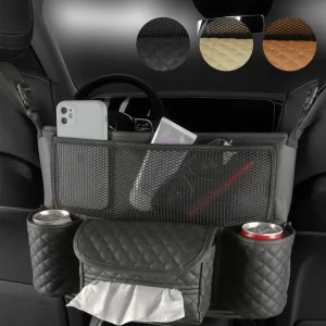 Premium Nappa Faux Leather Car Console Organizer – Large Capacity Purse & Console Double-sided Storage Bag Between Seats with Tissue Pockets & Phone Holder