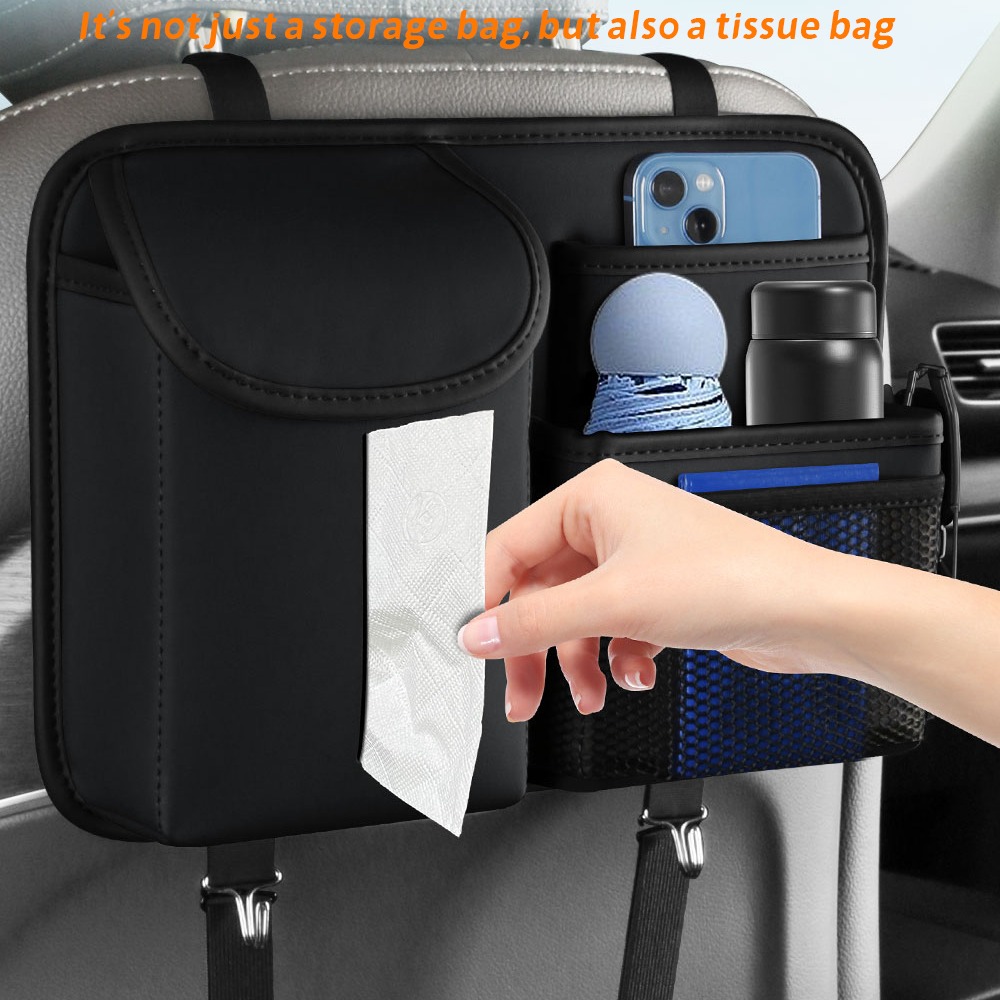 Premium PU Leather Backseat Car Organizer – Multi-Pocket Storage w/ Tissue Box & Hooks - Image 7