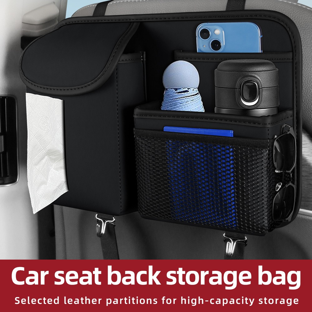 Premium PU Leather Backseat Car Organizer – Multi-Pocket Storage w/ Tissue Box & Hooks - Image 9