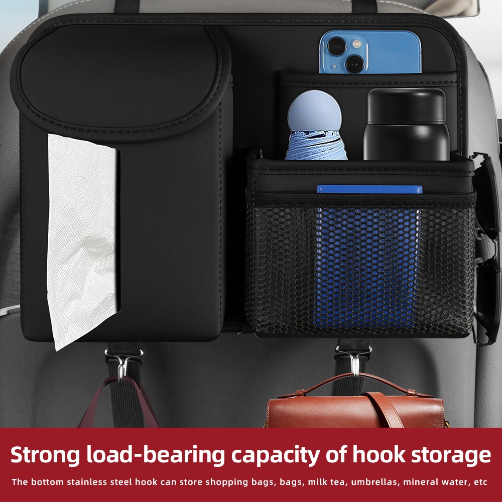 Premium PU Leather Backseat Car Organizer – Multi-Pocket Storage w/ Tissue Box & Hooks - Image 4