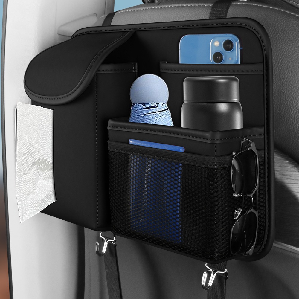 Premium PU Leather Backseat Car Organizer – Multi-Pocket Storage w/ Tissue Box & Hooks - Image 5