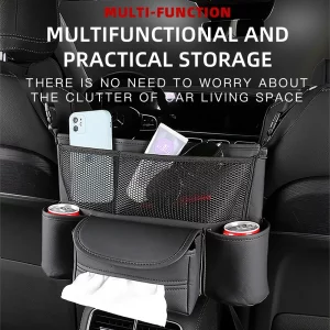 Pebbled Faux Leather Seat-Gap Organizer – Large Capacity Purse & Console Bag Between Seats with Tissue Pockets & Phone Holder